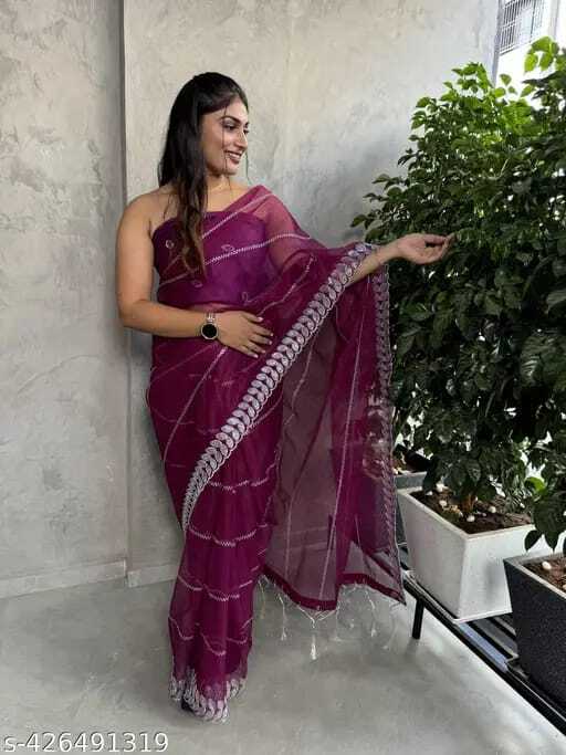 Organza Copy Fabric Saree - Bust Size: 40 Inch (In)