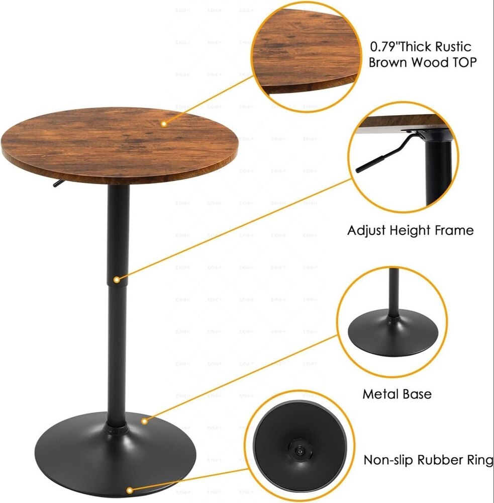 Round Bar Table, Adjustable Table,mdf Top With Black Metal Pole Support And Base Home, Kitchen