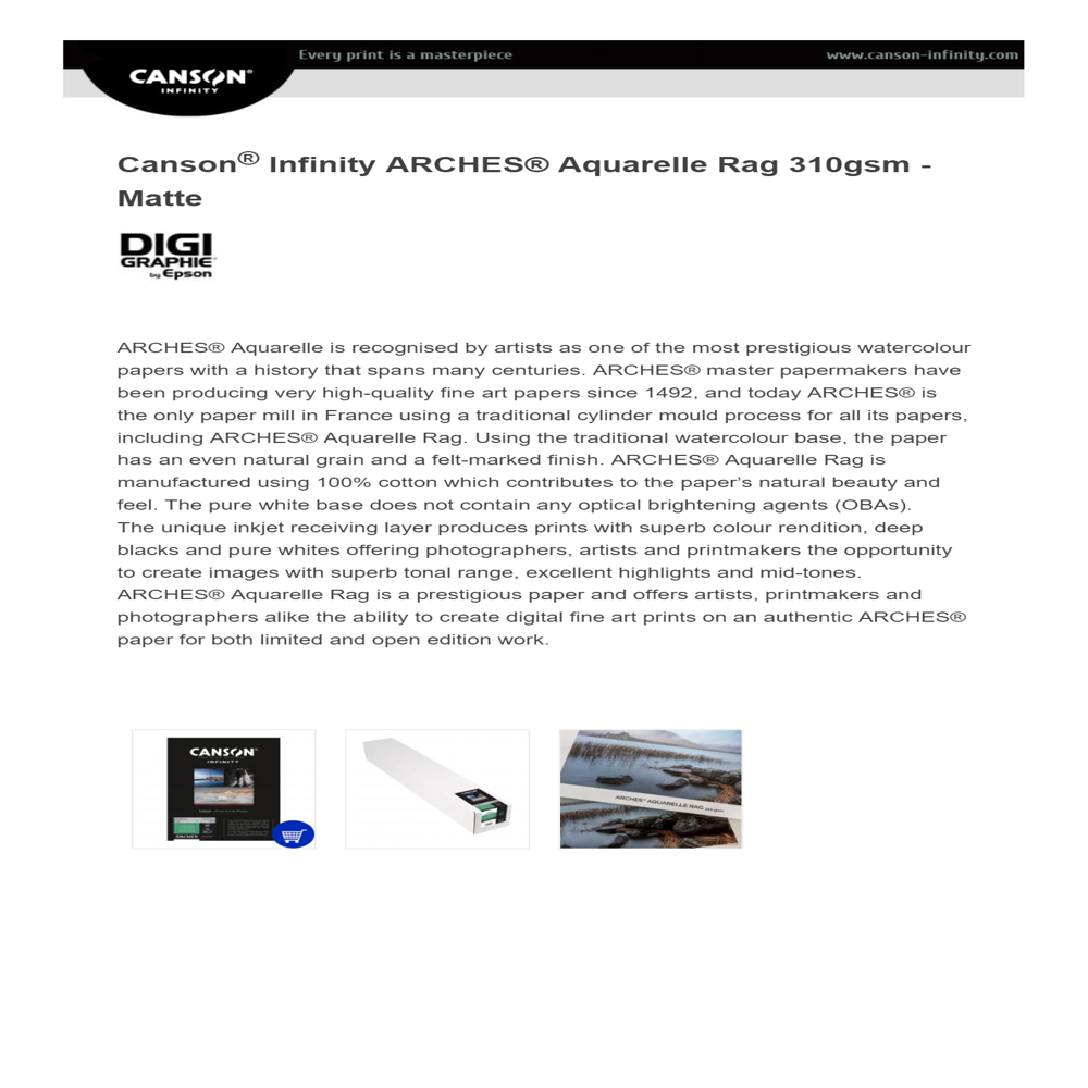 Canson Infinity Arches Aquarelle Rag - 100% Cotton, 210gsm, Natural White | Acid-free, Watercolor Paper For Fine Art Applications