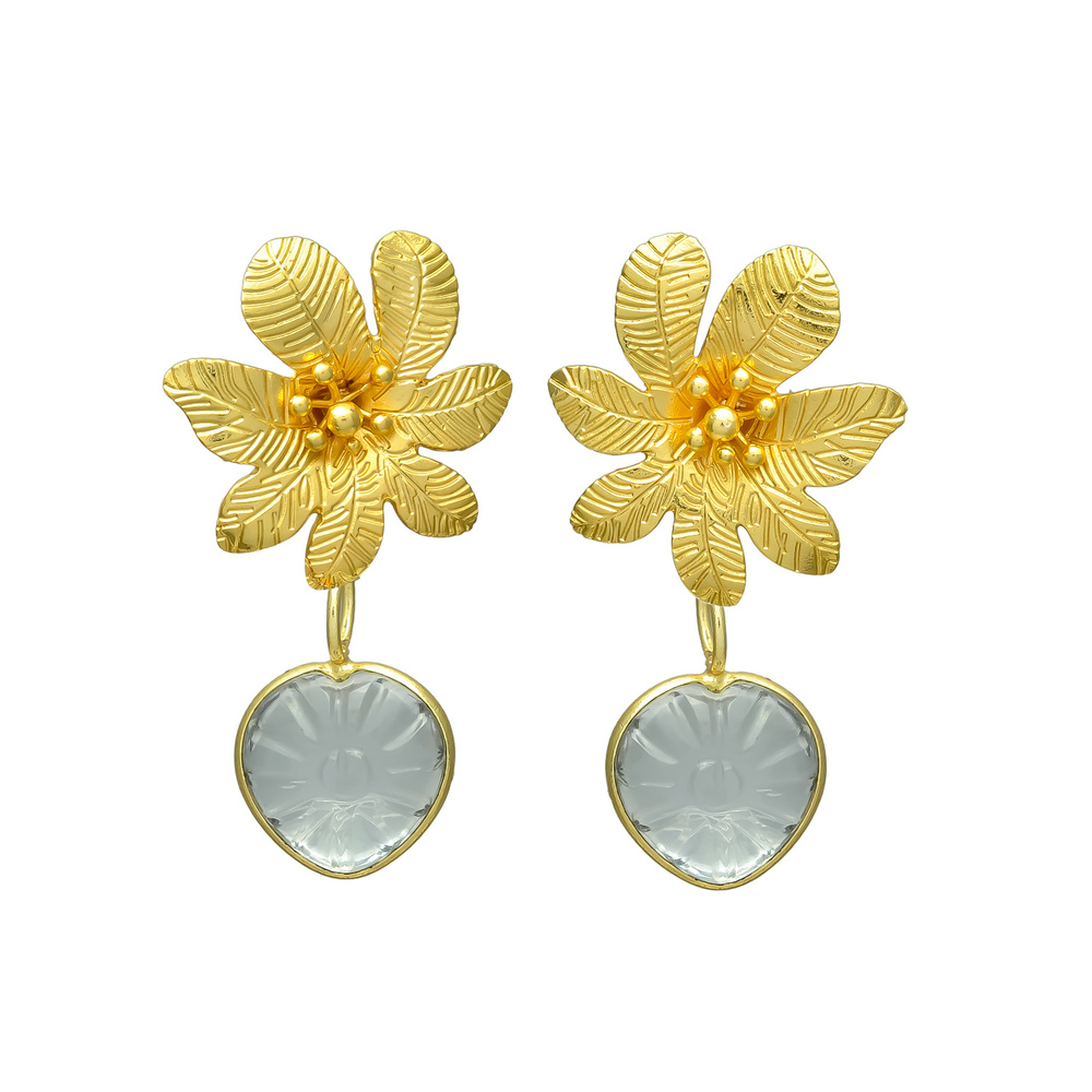 New arrival big flower stud grey chalcedony gemstone earring set