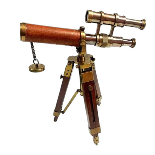 9 Inch Brass Double Barrel Telescope Marine Spyglass Antique Finish With Wooden Tripod Stand - Color: Brown