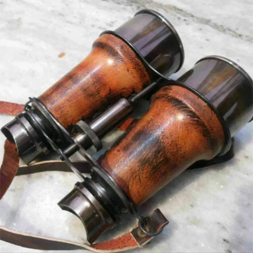 Antique Brass Fitted Wooden Binocular - Color: Brown