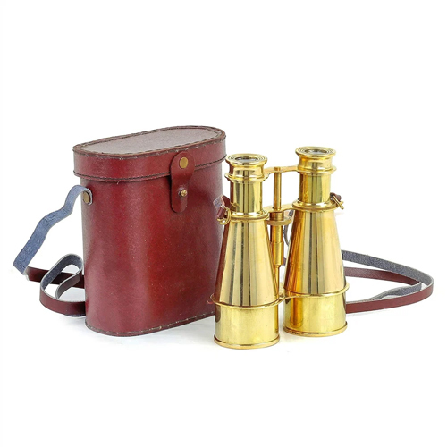 6 Inch Full Brass Binoculars With Leather Bag - Color: Golden