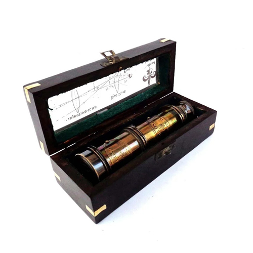 16 Inch Antique Brass Nautical Telescope With Glass Wooden Box - Color: Golden