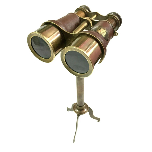 Antique Binocular Telescope With Vintage Brass Stand - Color: Brown