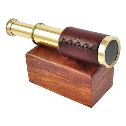 6 Inch Golden Stylish Brass Leather Bounded Telescope With Wooden Gift Box - Magnification: 64 X Lens