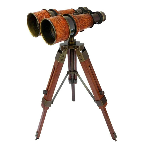 Antique Brass Binocular Telescope With Wooden Tripod Stand - Color: Brown