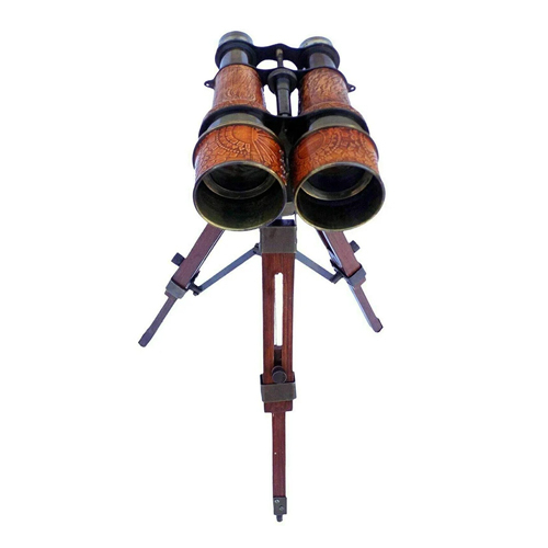 Antique Brass Binocular Telescope With Wooden Tripod Stand - Color: Brown