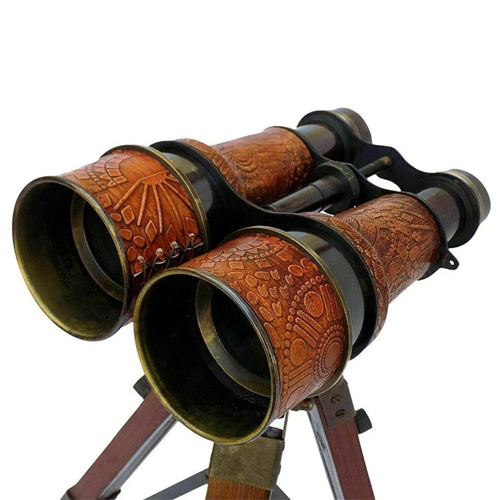 Antique Brass Binocular Telescope With Wooden Tripod Stand - Color: Brown