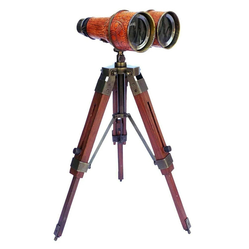 Antique Brass Binocular Telescope With Wooden Tripod Stand - Color: Brown