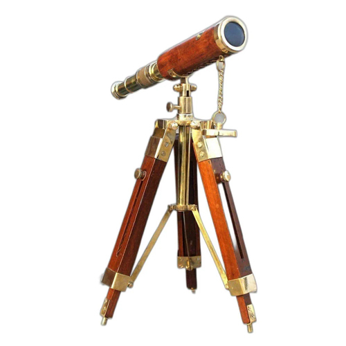 Antique Brass Leather Telescope Nautical With Stand Wooden Vintage Tripod - Color: Brown