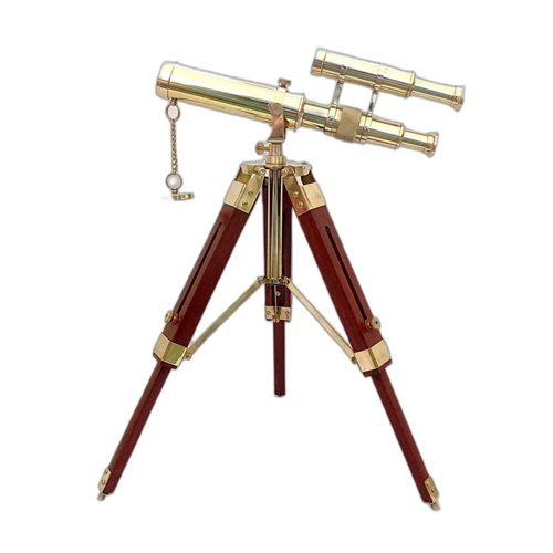 Double Barrel Brass Telescope With Wooden Tripod Stand - Color: Golden