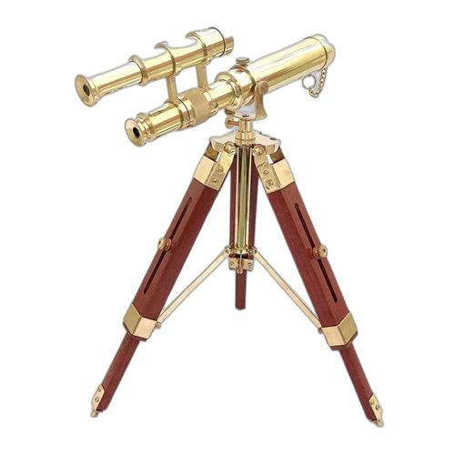 Double Barrel Brass Telescope With Wooden Tripod Stand - Color: Golden