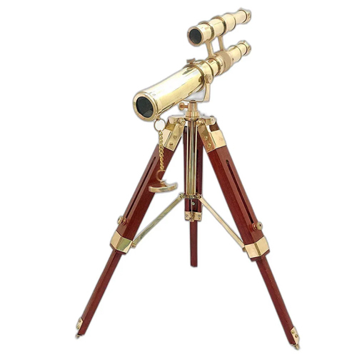 Double Barrel Brass Telescope With Wooden Tripod Stand - Color: Golden