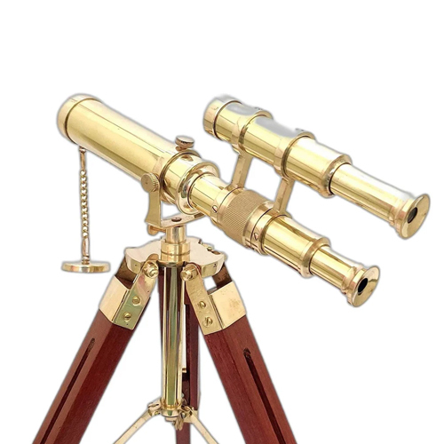 Double Barrel Brass Telescope With Wooden Tripod Stand - Color: Golden