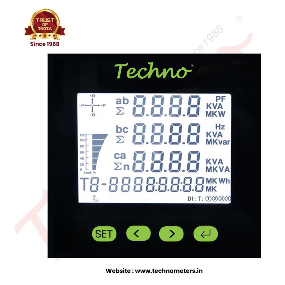 Black Techno 3 Phase Panel Mounted Multi Functional Energy Meter