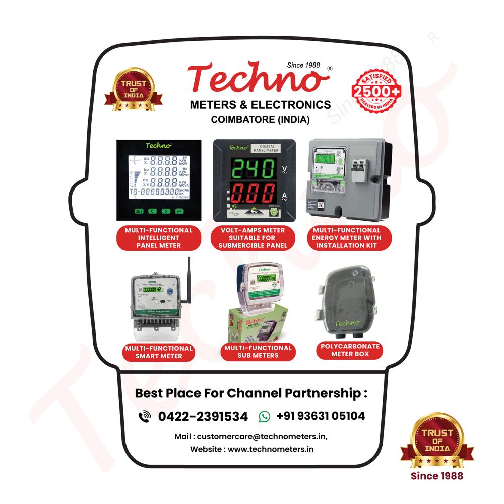 Black Techno 3 Phase Panel Mounted Multi Functional Energy Meter