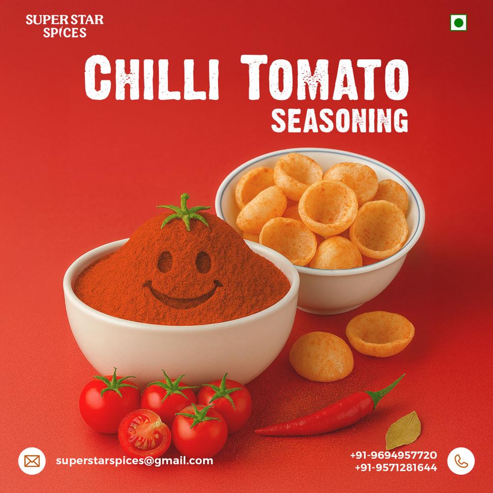 Tomato Chilli Seasoning Masala - Food Grade Powder , Vibrant Red Color, Blended Consistency, 4-Month Shelf Life, Perfect for Fryums, Chips, and Snacks