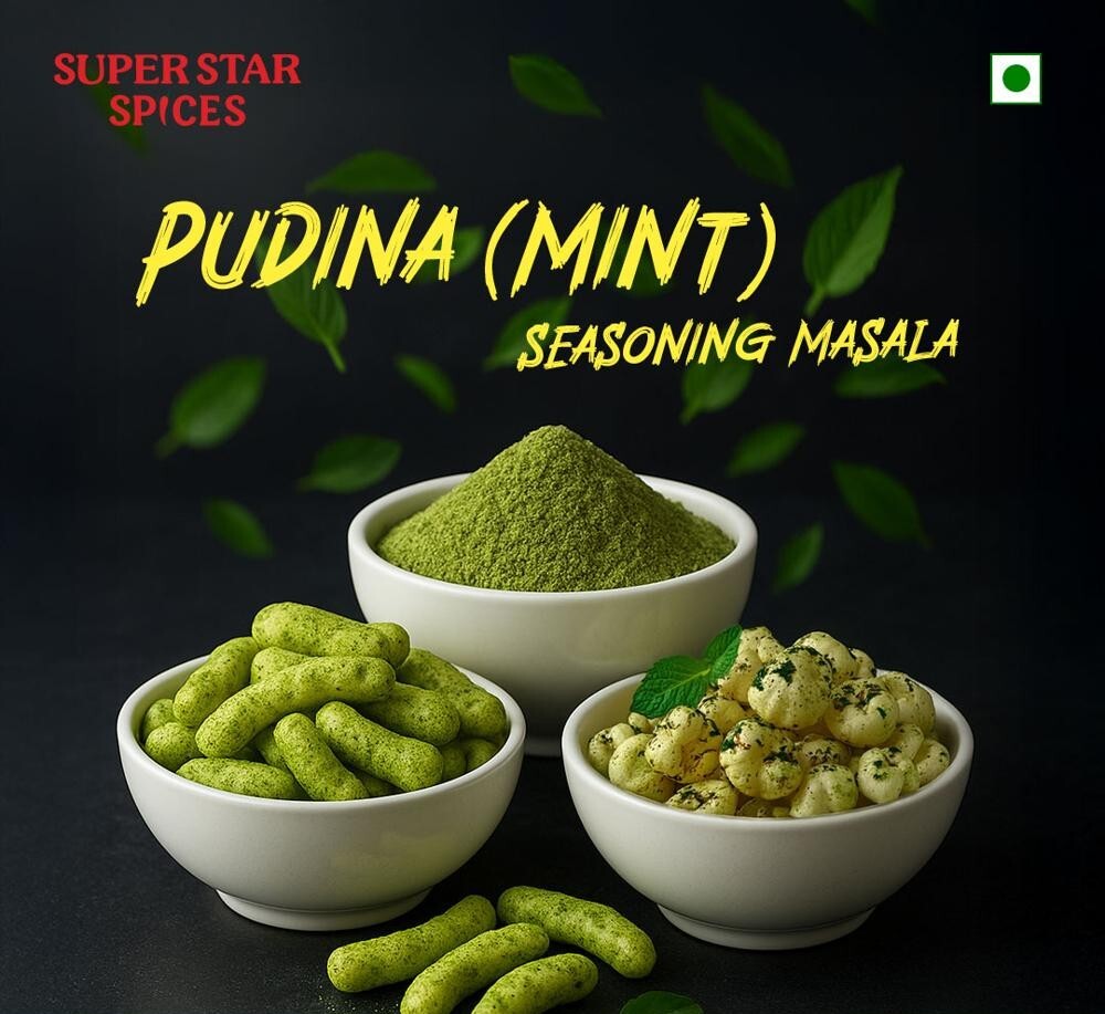 Pudina Seasoning Masala - Green Powder, Food Grade Quality | Fresh Mint Leaf Blend for Flavorful Chips & Namkeens