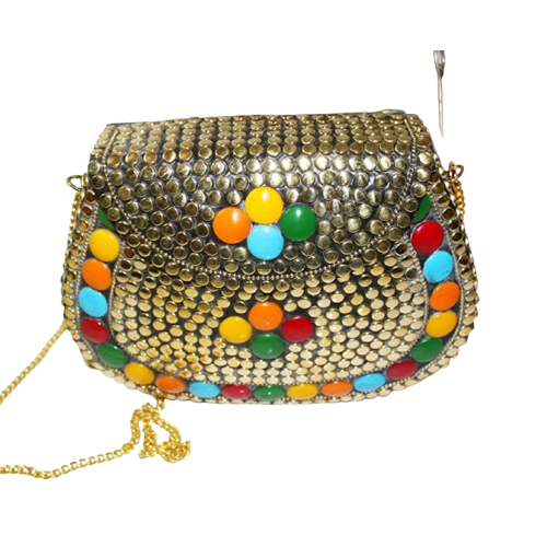 Brass Purse With Colorful Beads Design Velvet Interior