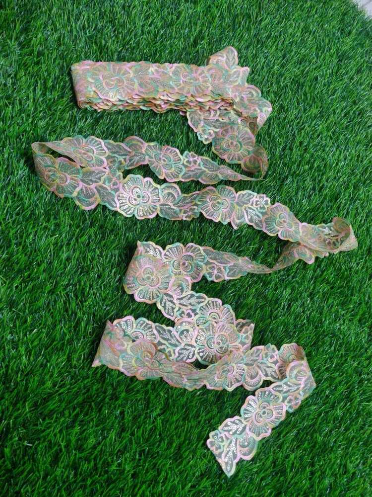 Fancy Lace - Embroidered, 3ft Long, Multi-color, 2inch Width | Flower Design, Cut Work Logo Pattern, Perfect For Bridal And Designer Attire
