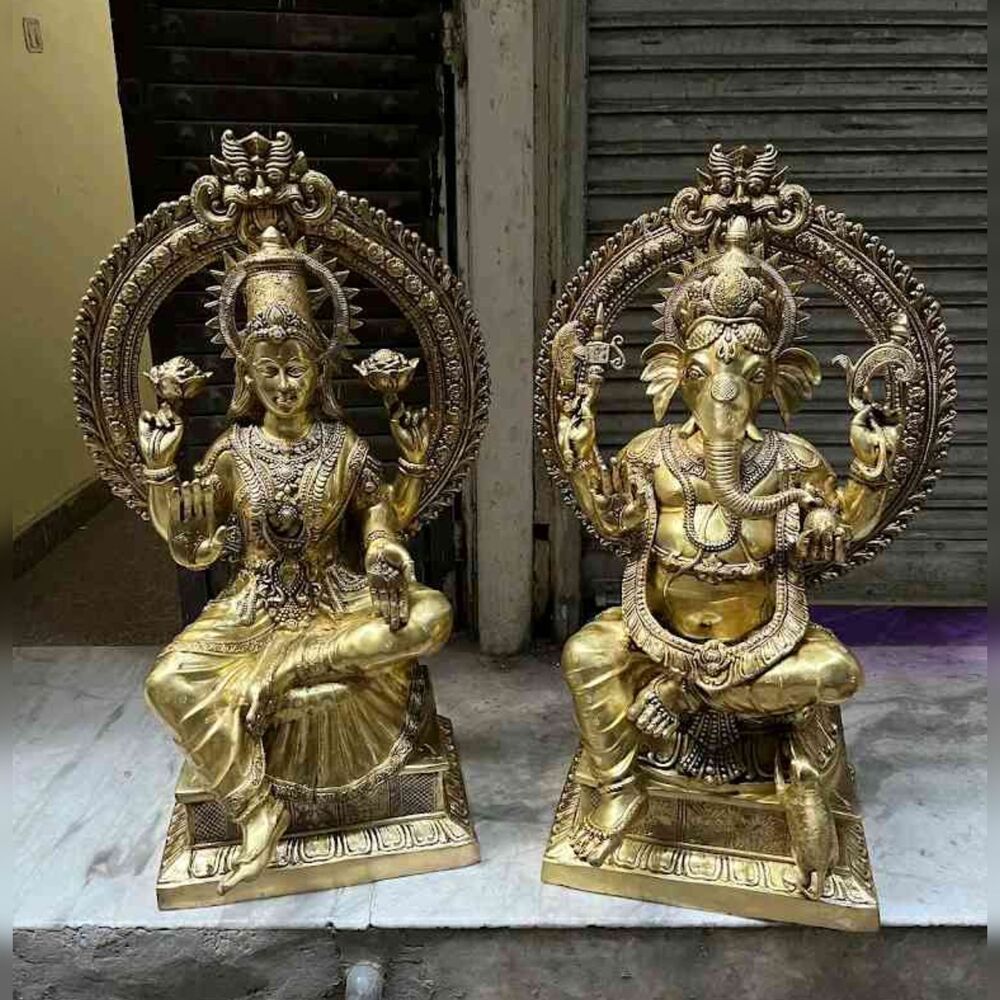 Laxmi And Ganesh Brass Idols - Color: Golden