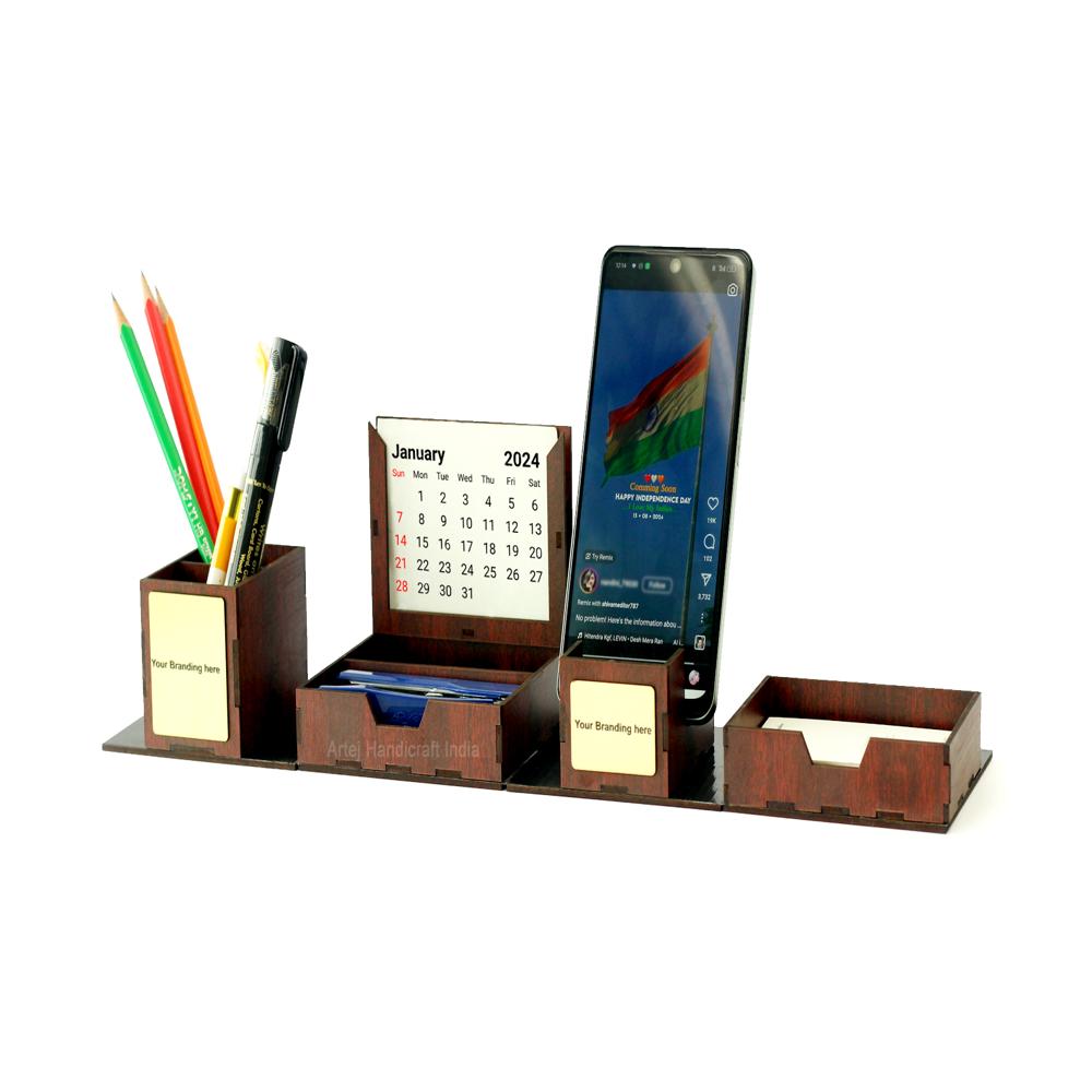 Desk Organizer - Mdf Wood, Brown, Variable Dimensions | Multiple Sections For Office Desk Organization, Storing Stationery And Essentials