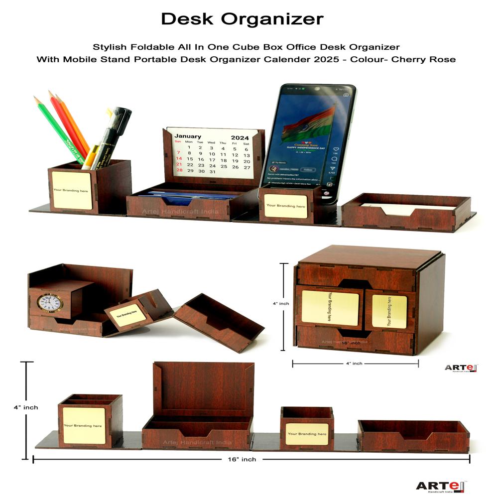 Desk Organizer - Mdf Wood, Brown, Variable Dimensions | Multiple Sections For Office Desk Organization, Storing Stationery And Essentials
