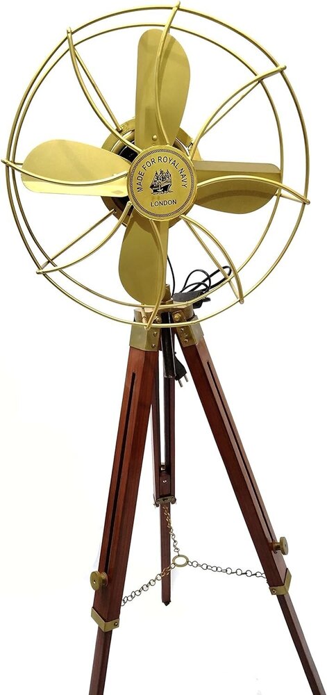 Antique Brass Pedestal Fan with Wooden Tripod Floor Stand 14 inch