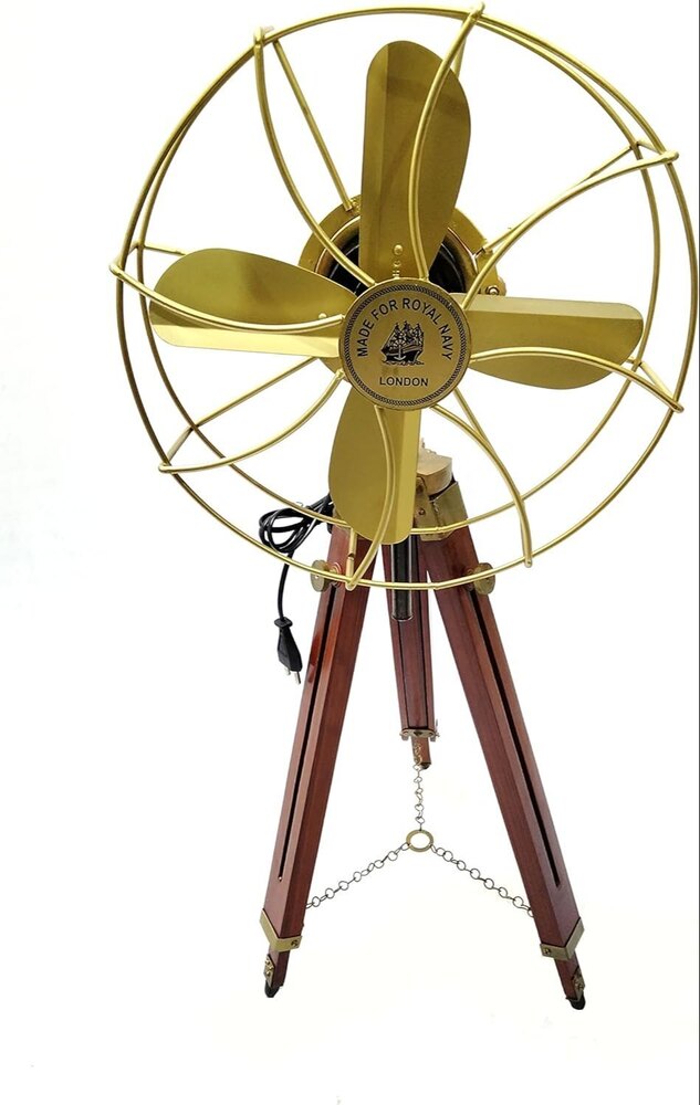 Antique Brass Pedestal Fan with Wooden Tripod Floor Stand 14 inch