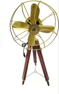 Antique Brass Pedestal Fan with Wooden Tripod Floor Stand 14 inch