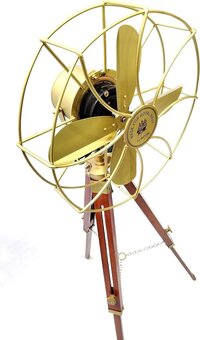Antique Brass Pedestal Fan with Wooden Tripod Floor Stand 14 inch