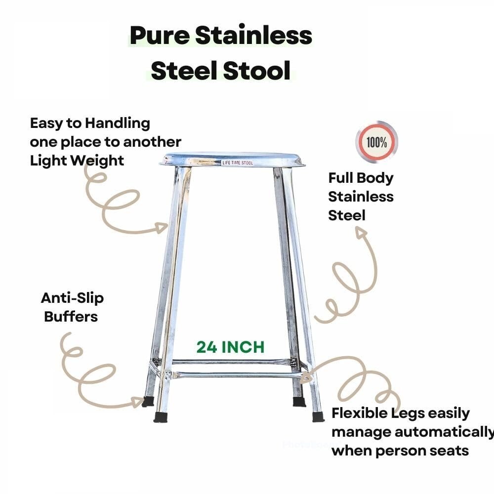 Stainless Steel Stool for Sitting, Round Shape - Medical Stool (Pack of 2, 24 Inches)