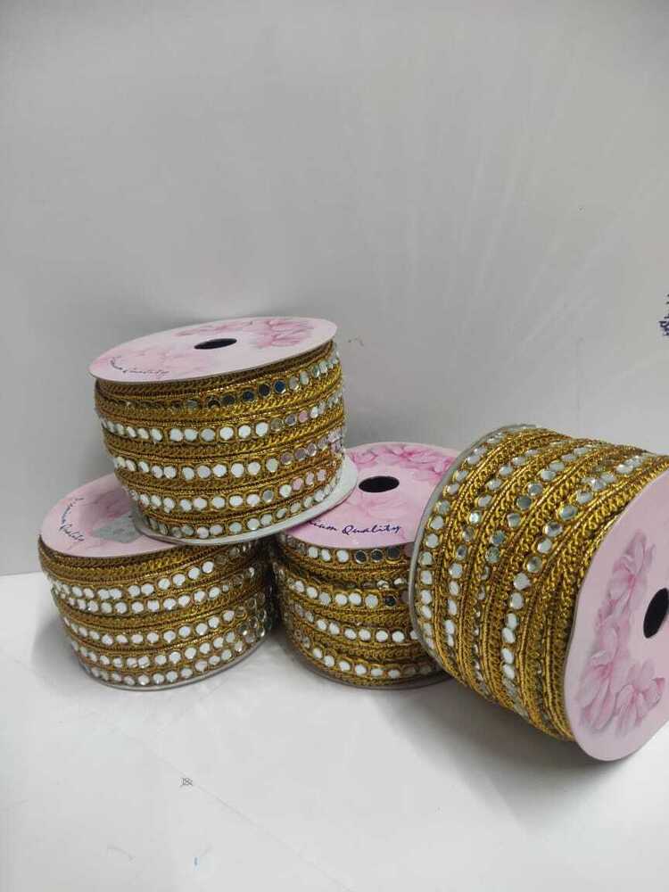 Border Lace - Mirror Material, 1 Inch Width | Golden Fancy Border Lace With Straight Logo Pattern And Elegant Design