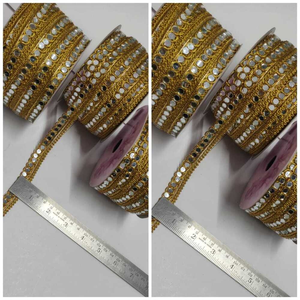 Border Lace - Mirror Material, 1 Inch Width | Golden Fancy Border Lace With Straight Logo Pattern And Elegant Design