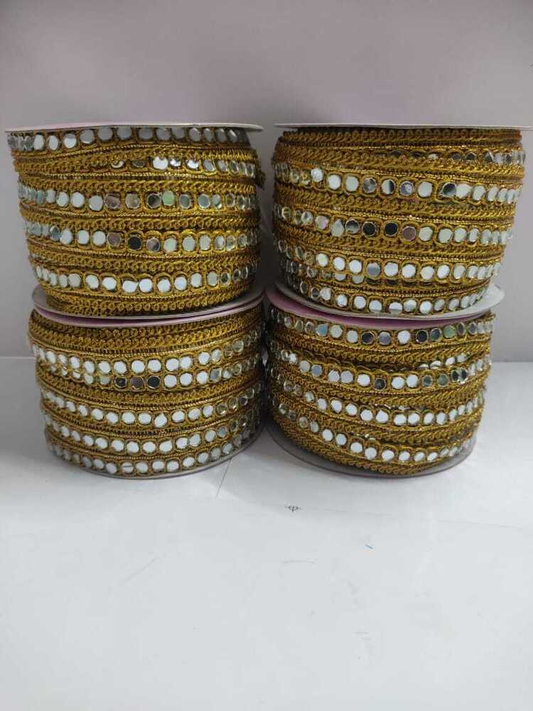 Border Lace - Mirror Material, 1 Inch Width | Golden Fancy Border Lace With Straight Logo Pattern And Elegant Design