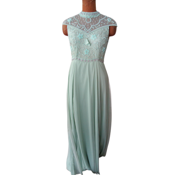 Handmade Beaded Sea Green Se-xy Evening Dress | Semi-Embellished High Fashion Custom Tailored Women's Wear