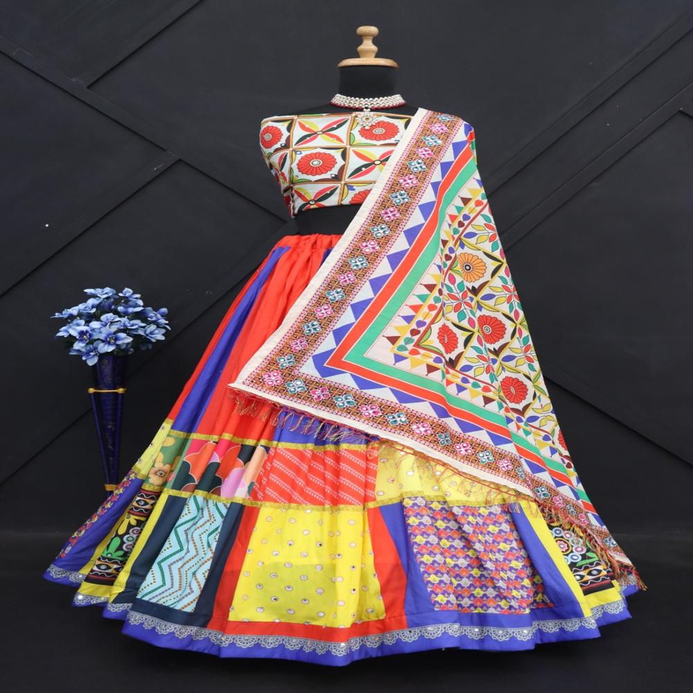 Digital Print Muslin Cotton Lehenga Choli - Semi-stitched Lehenga (42 Waist, 41 Length, 4 Meter Flair), Unstitched Blouse & Duppata With Real Mirror | Breathable, Cool Pass Fabric, Customized Size