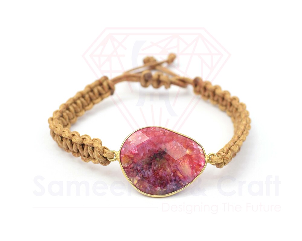 Natural Solar Agate Gemstone 18K Gold Plated Adjustable Handmade Fashion Thread Bracelet