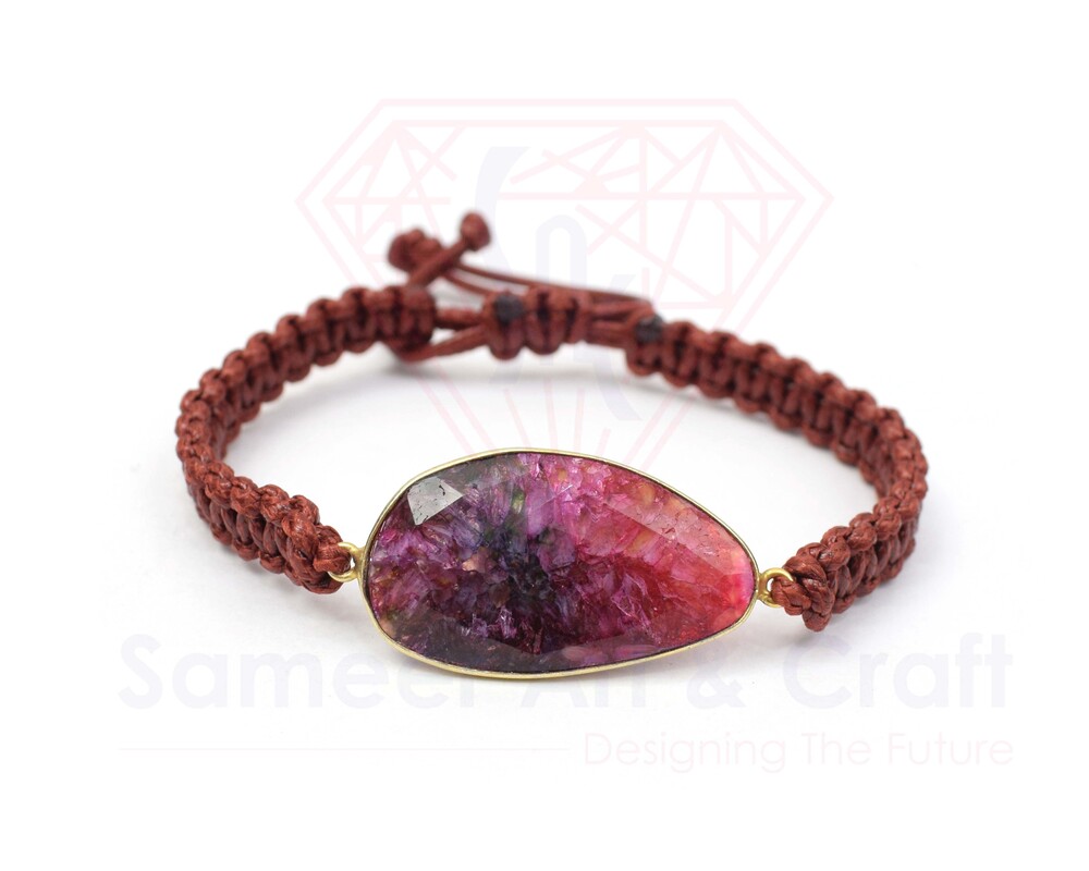 Natural Solar Agate Gemstone 18K Gold Plated Adjustable Handmade Fashion Thread Bracelet