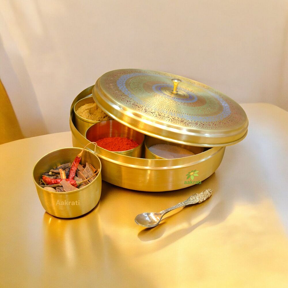 Aakrati Luxury Brass Masala Box | Functional & Elegant Spice Storage Box for Kitchen | Brass Masala Daani ( Yellow, 9 inch)