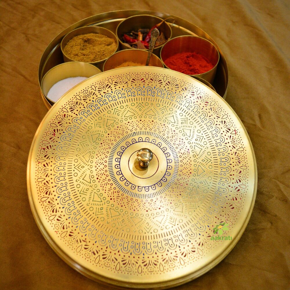 Aakrati Luxury Brass Masala Box | Functional & Elegant Spice Storage Box for Kitchen | Brass Masala Daani ( Yellow, 9 inch)