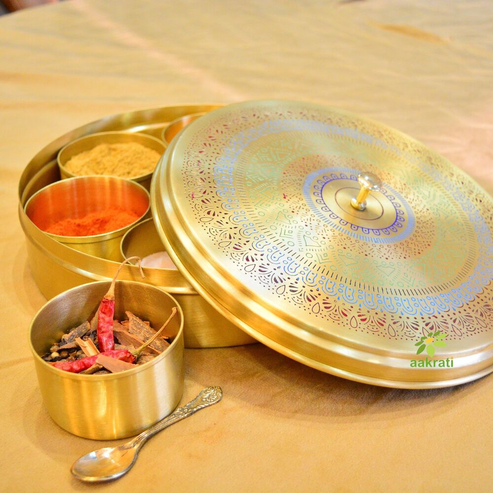 Aakrati Luxury Brass Masala Box | Functional & Elegant Spice Storage Box for Kitchen | Brass Masala Daani ( Yellow, 9 inch)