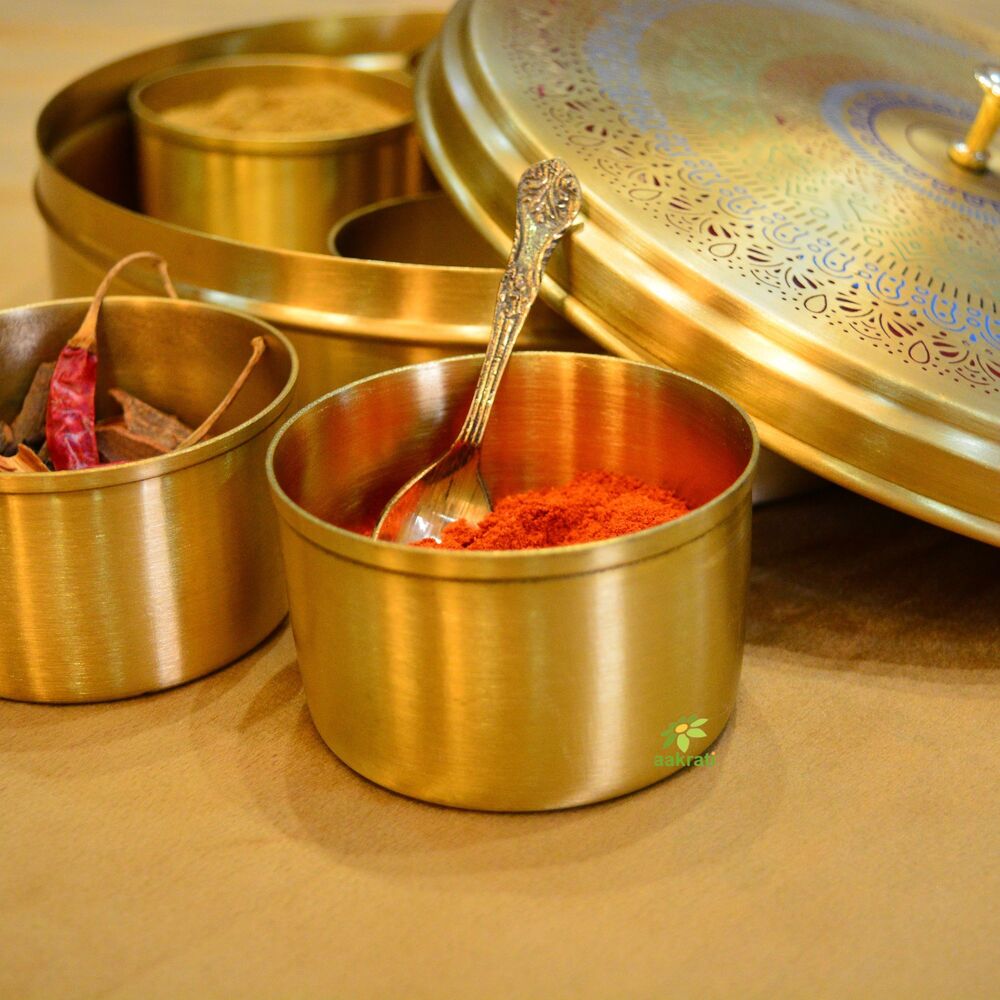 Aakrati Luxury Brass Masala Box | Functional & Elegant Spice Storage Box for Kitchen | Brass Masala Daani ( Yellow, 9 inch)