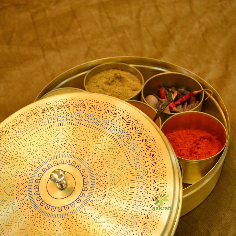 Aakrati Luxury Brass Masala Box | Functional & Elegant Spice Storage Box for Kitchen | Brass Masala Daani ( Yellow, 9 inch)