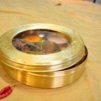 Aakrati Elegant Brass Masala Box | Traditional & Functional Spice Storage for Home | Decorative Brass Masala Daani ( Yellow, 8 inch)