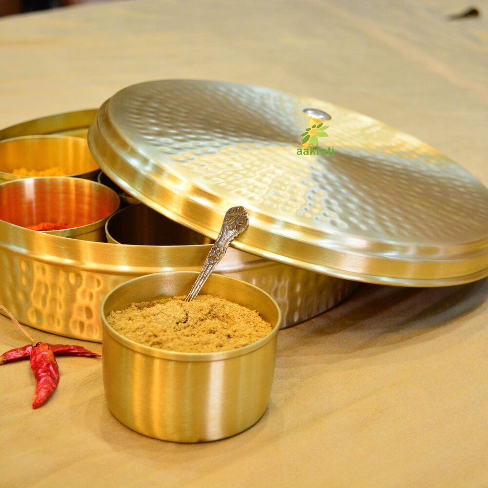 Traditional Brass Masala Daani | Stylish Spice Organizer for Home | Brass Masala Daani By Aakrati  ( Yellow, 9 inch)