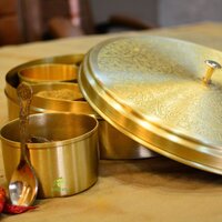 Aakrati Decorative Brass Masala Box | Authentic Spice Storage for Your Kitchen | Premium Brass Masala Daani ( Yellow, 9.3 inch)