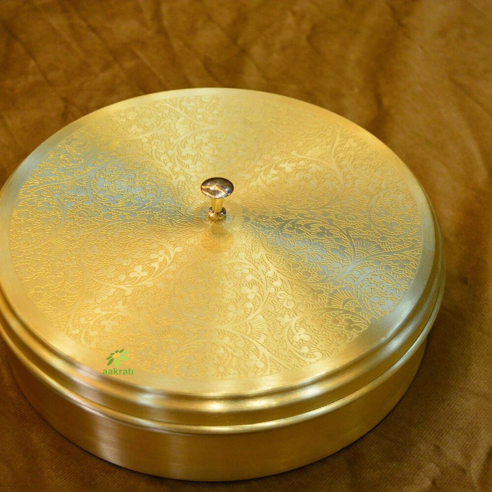 Aakrati Decorative Brass Masala Box | Authentic Spice Storage for Your Kitchen | Premium Brass Masala Daani ( Yellow, 9.3 inch)