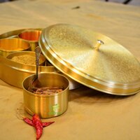 Aakrati Decorative Brass Masala Box | Authentic Spice Storage for Your Kitchen | Premium Brass Masala Daani ( Yellow, 9.3 inch)